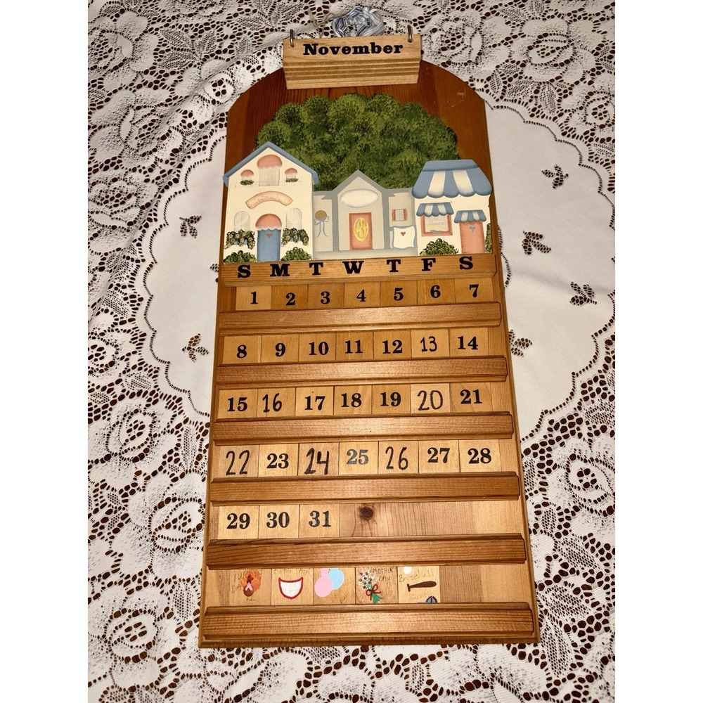 Perpetual Wooden Calendar Vintage Cottagecore Village